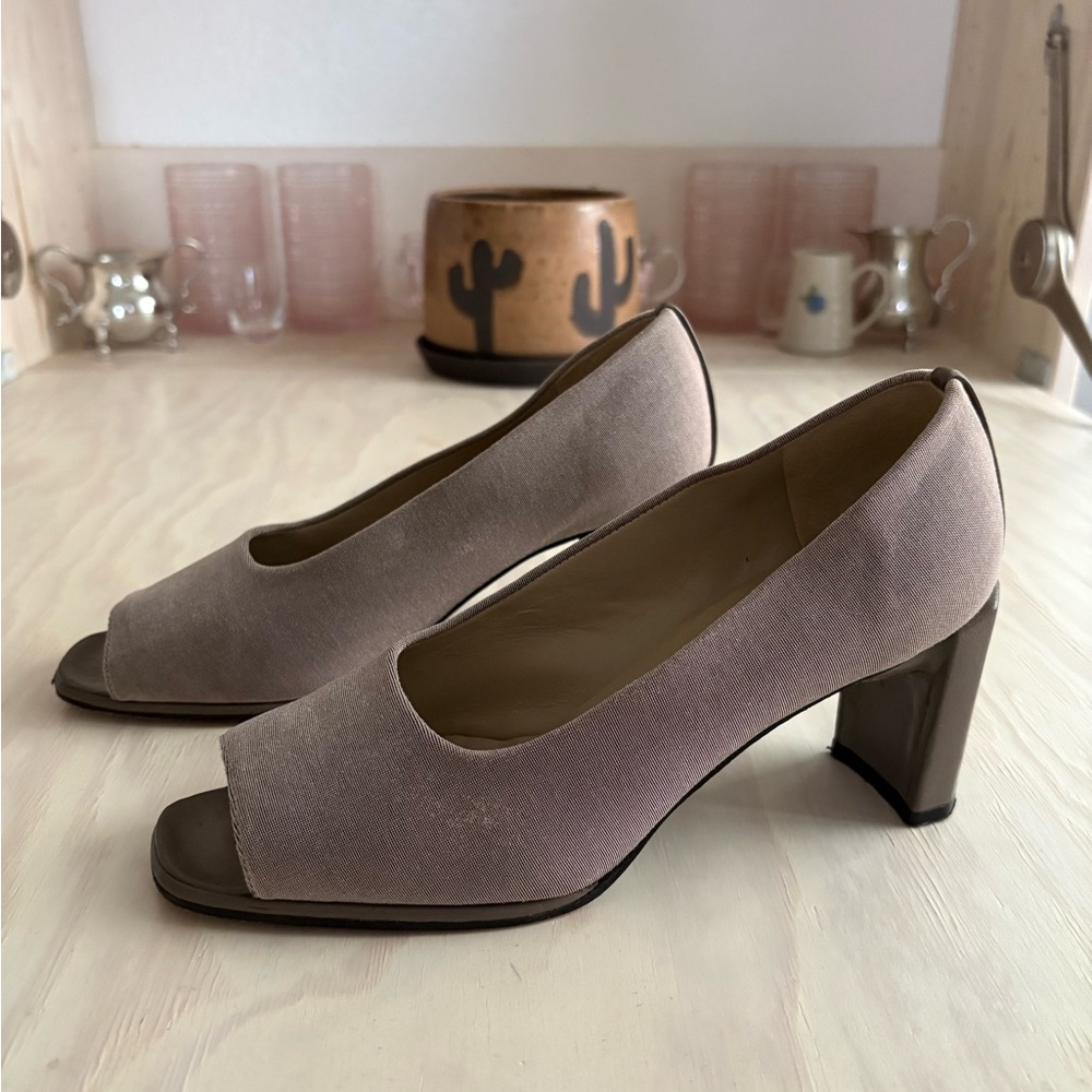 Stuart Weitzman Shimmer Taupe Textile Block Heel Pumps